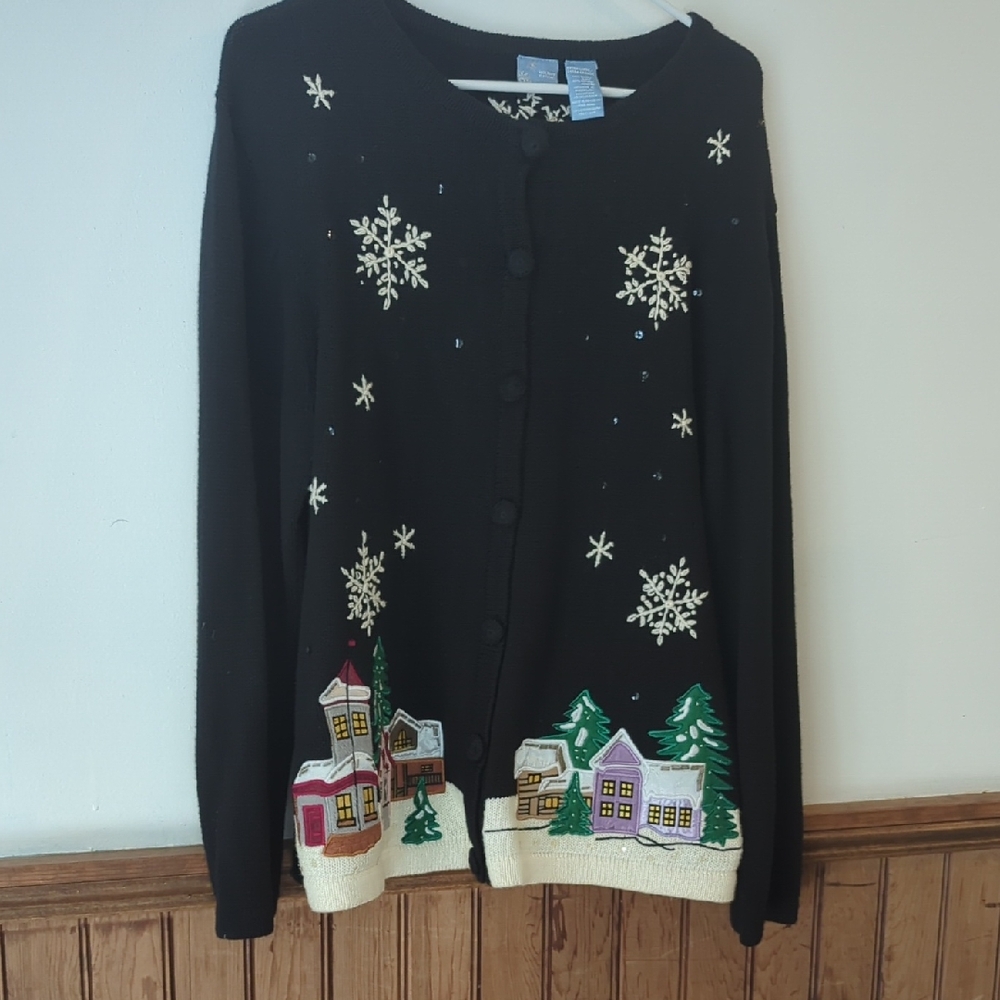 Holiday Editions Black Winter Scene Cardigan Size XL